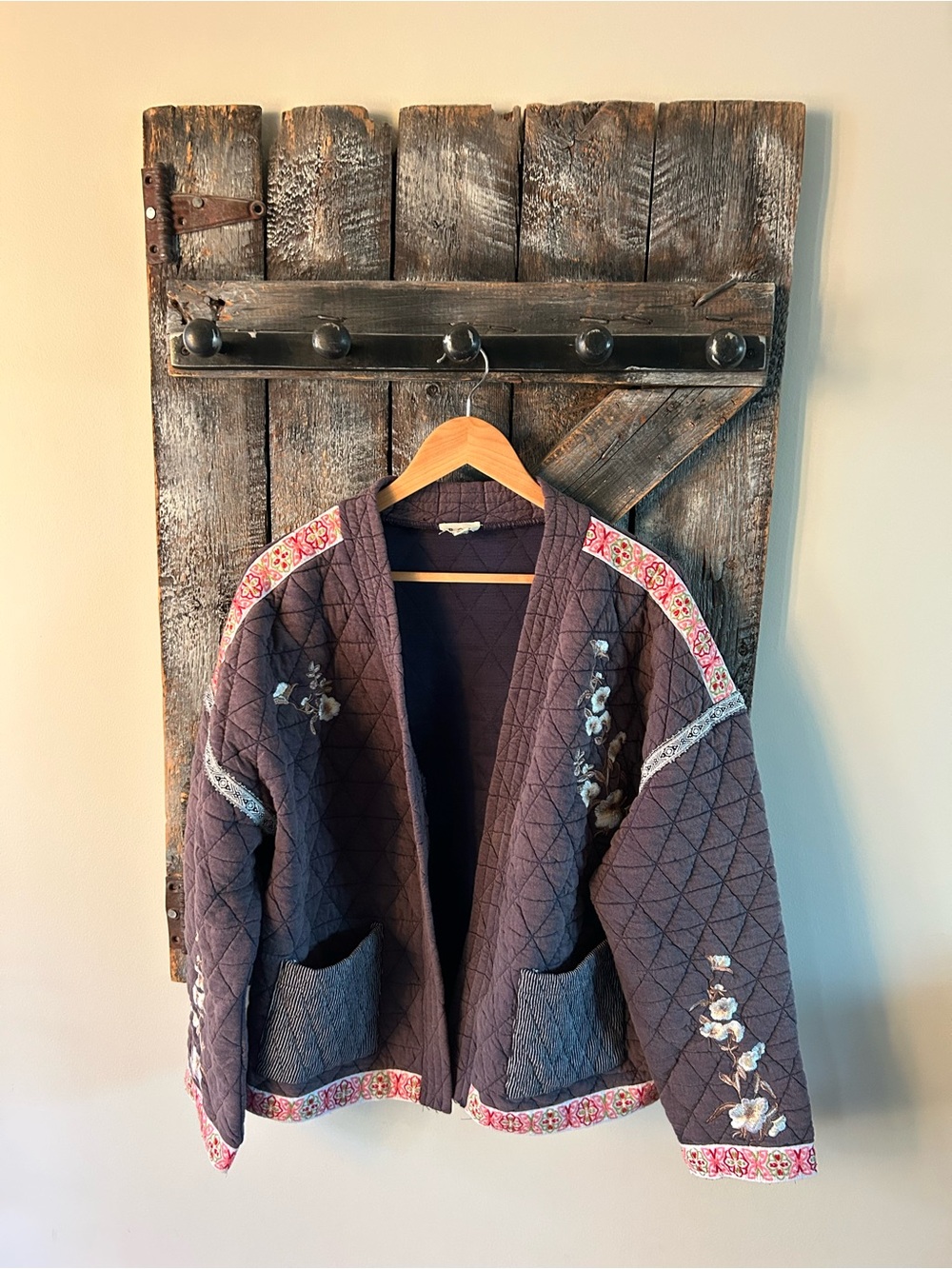 Women's POL Quilted Floral Embroidered Open Front Jacket - Gray/Navy Blue Colour